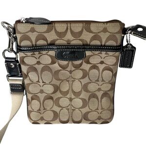 COACH Signature C Crossbody Bag Khaki Tan Brown Logo Monogram Classic Black Trim